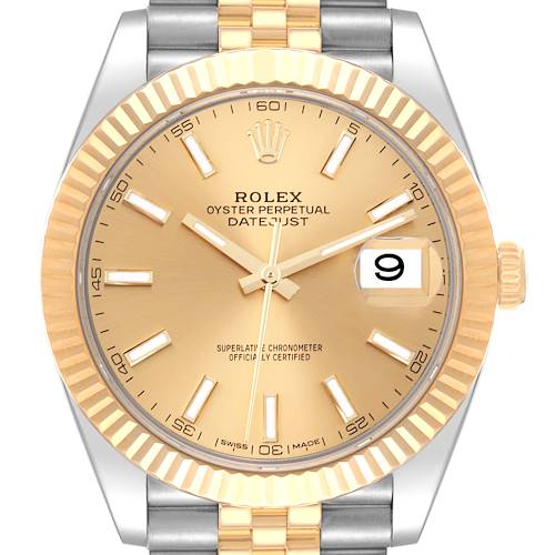 This image shows a front view of the Rolex Datejust 41 126333 Men's Steel and Gold (two tone) Champagne Dial 126333 Men's Steel and Gold (two tone) Champagne Dial watch, featuring its face, bezel, and part of the bracelet.
