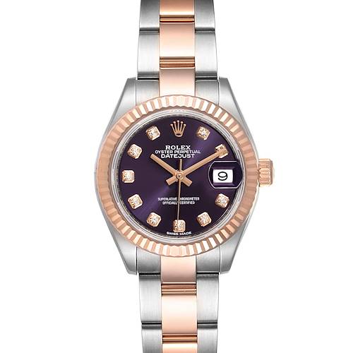 This image shows the front view of a Rolex Datejust 279171 Women's Steel and Gold (two tone) Blue Dial 279171 Women's Steel and Gold (two tone) Blue Dial watch, highlighting its dial, bezel, and two-tone bracelet.