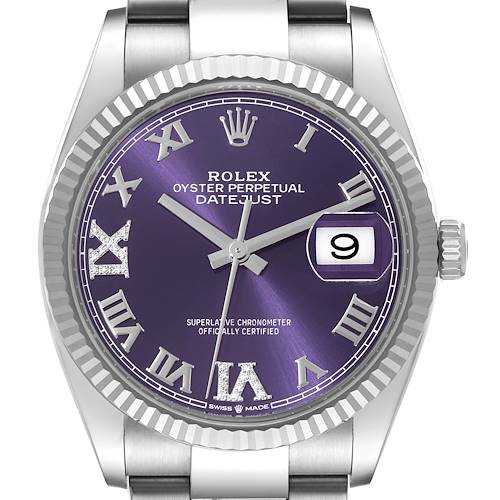 This image shows a front view of a Rolex Datejust 126234 Men's Stainless Steel Purple Dial 126234 Men's Stainless Steel Purple Dial watch, highlighting the dial, hands, date window, and part of the bracelet.