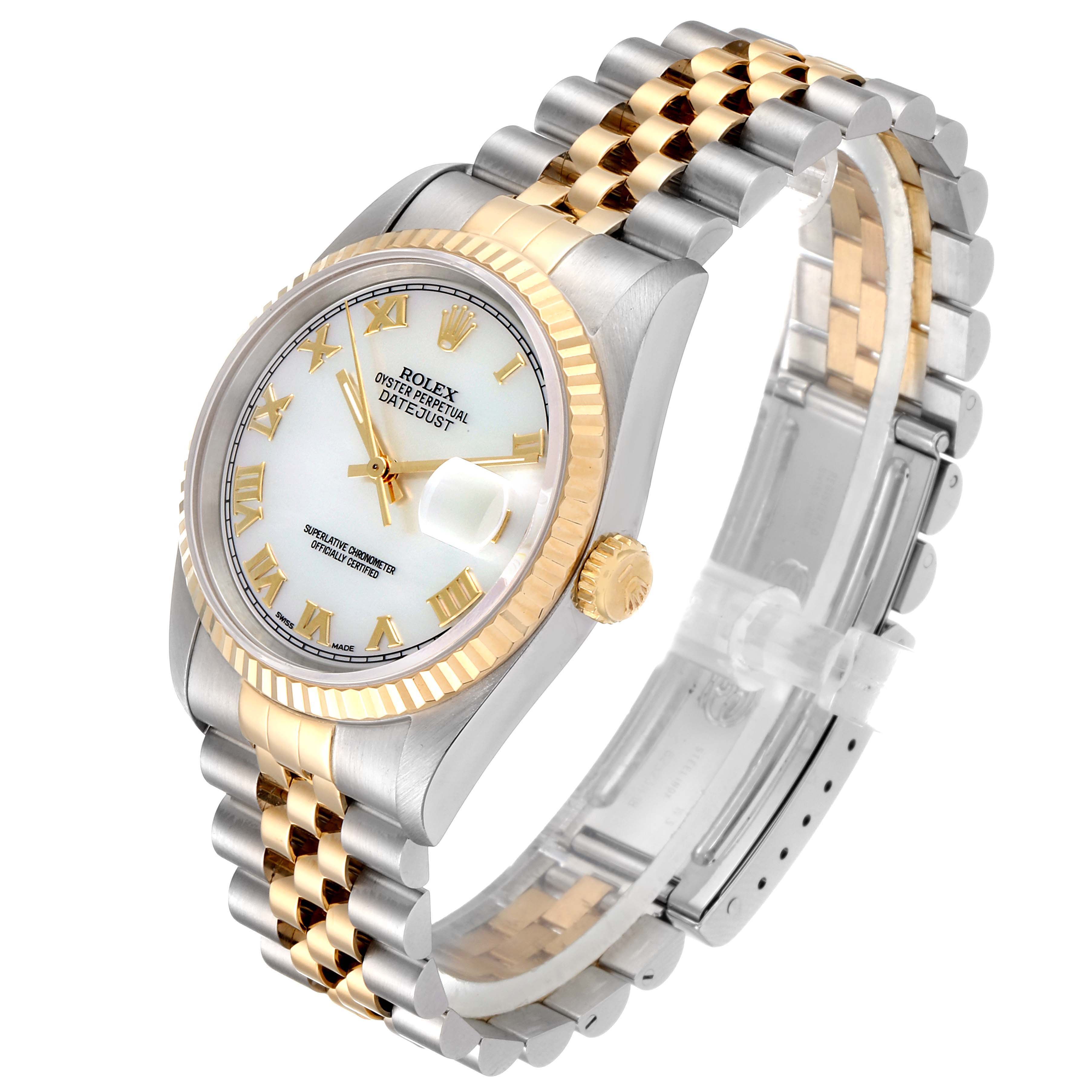 The image shows a Rolex Datejust 16233 Men's Steel and Gold (two tone) Mother of Pearl Dial 16233 Men's Steel and Gold (two tone) Mother of Pearl Dial watch at an angled side view, highlighting the dial, bezel, crown, and jubilee bracelet.