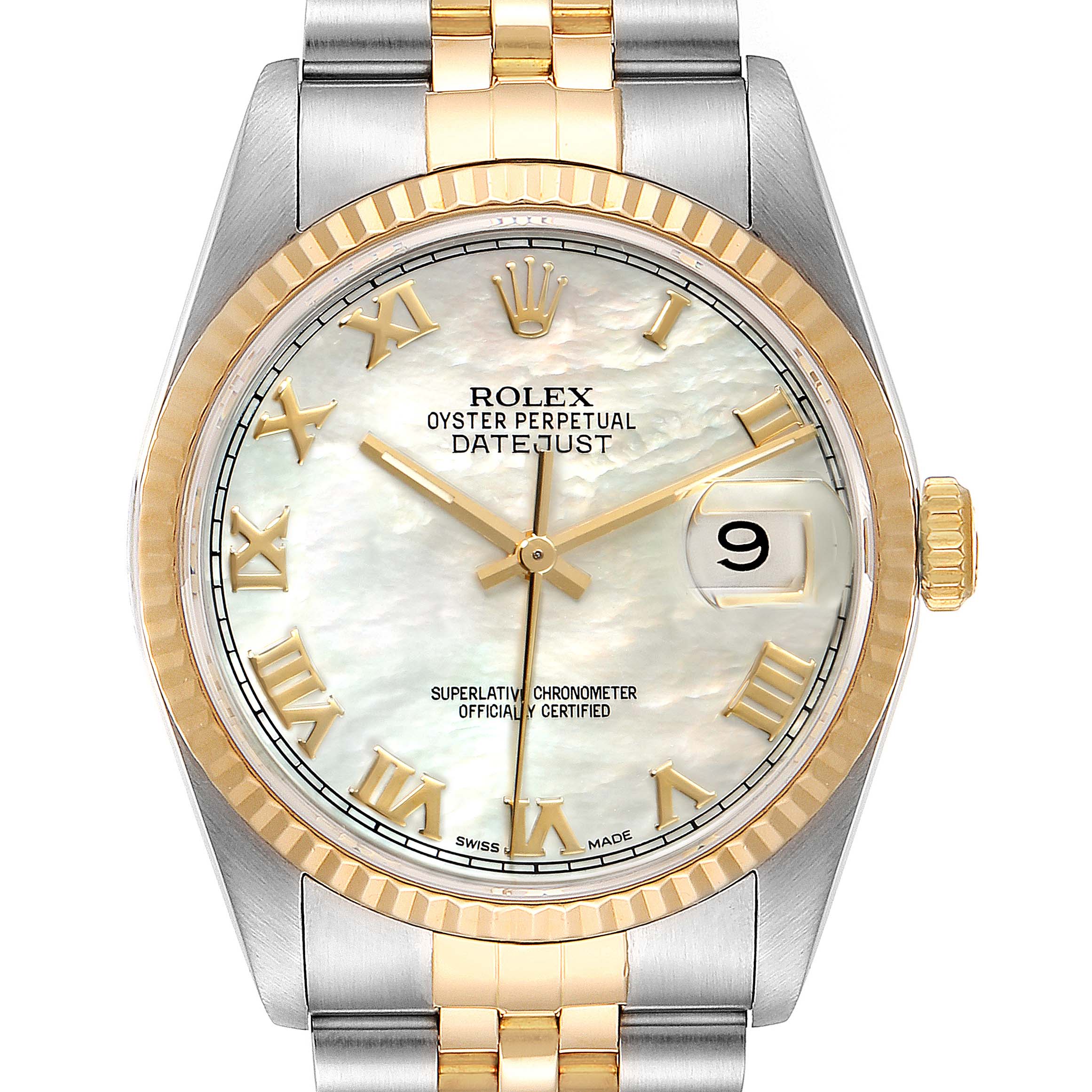 This image shows a Rolex Datejust 16233 Men's Steel and Gold (two tone) Mother of Pearl Dial 16233 Men's Steel and Gold (two tone) Mother of Pearl Dial watch head-on, highlighting its dial, hands, date window, and two-tone bracelet.