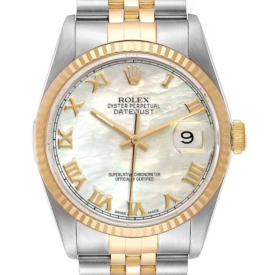 This image shows a Rolex Datejust 16233 Men's Steel and Gold (two tone) Mother of Pearl Dial 16233 Men's Steel and Gold (two tone) Mother of Pearl Dial watch head-on, highlighting its dial, hands, date window, and two-tone bracelet.