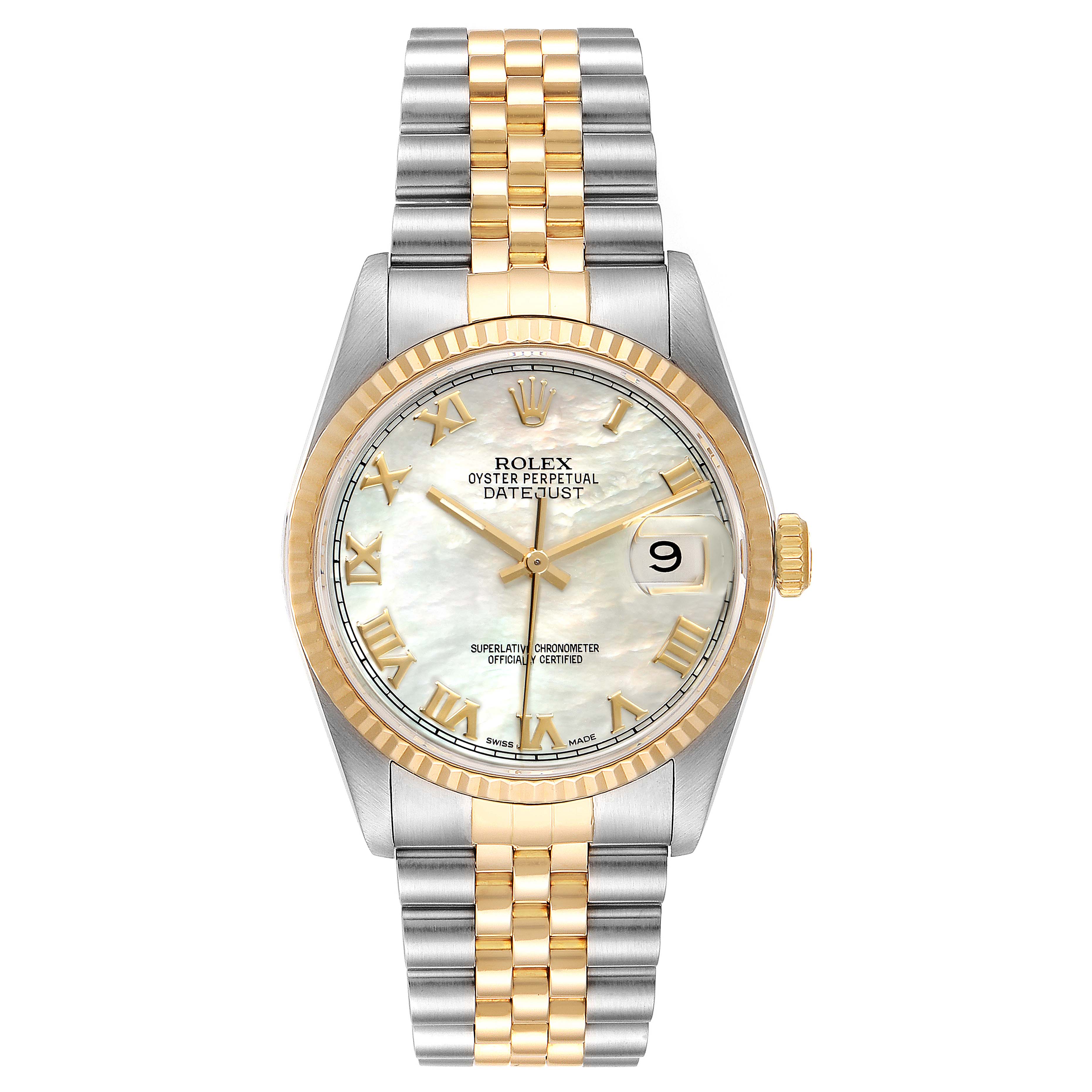 This image shows a front view of the Rolex Datejust 16233 Men's Steel and Gold (two tone) Mother of Pearl Dial 16233 Men's Steel and Gold (two tone) Mother of Pearl Dial watch, highlighting its dial, bezel, crown, and Jubilee bracelet.