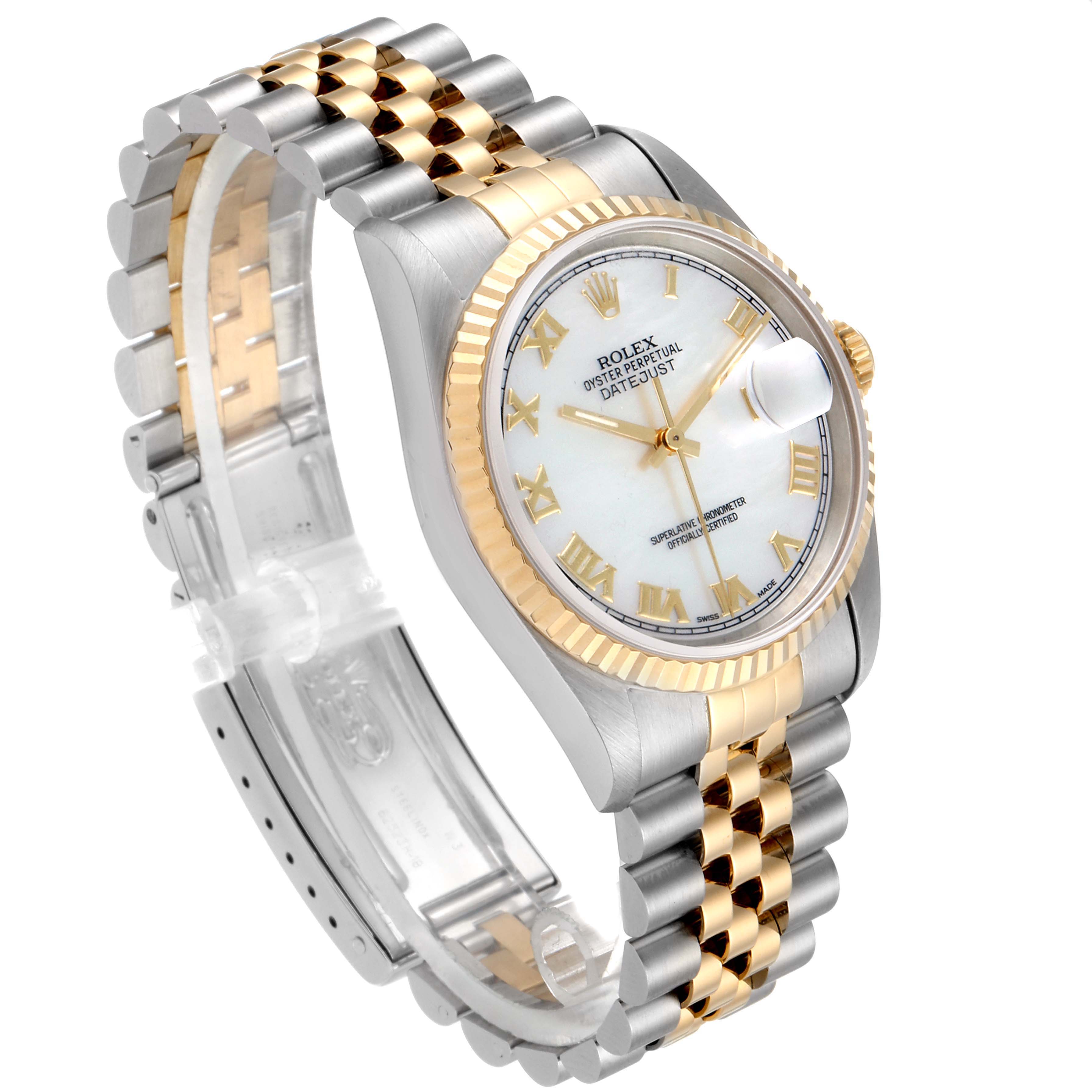 The Rolex Datejust 16233 Men's Steel and Gold (two tone) Mother of Pearl Dial 16233 Men's Steel and Gold (two tone) Mother of Pearl Dial watch is shown at a slight angle displaying the dial, bezel, and two-tone bracelet.