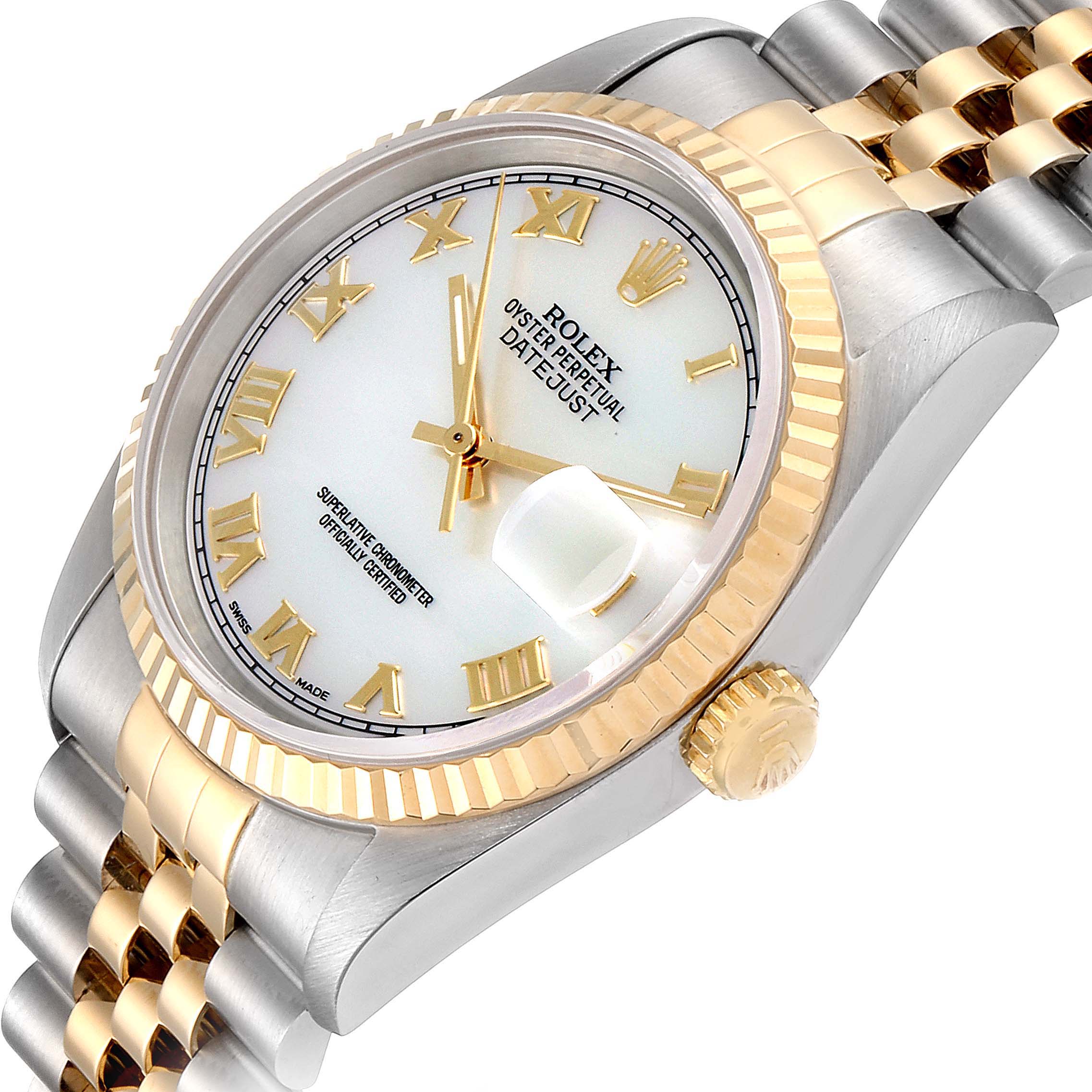 The angle shows a close-up view of the Rolex Datejust 16233 Men's Steel and Gold (two tone) Mother of Pearl Dial 16233 Men's Steel and Gold (two tone) Mother of Pearl Dial watch face, crown, and part of the two-tone bracelet.