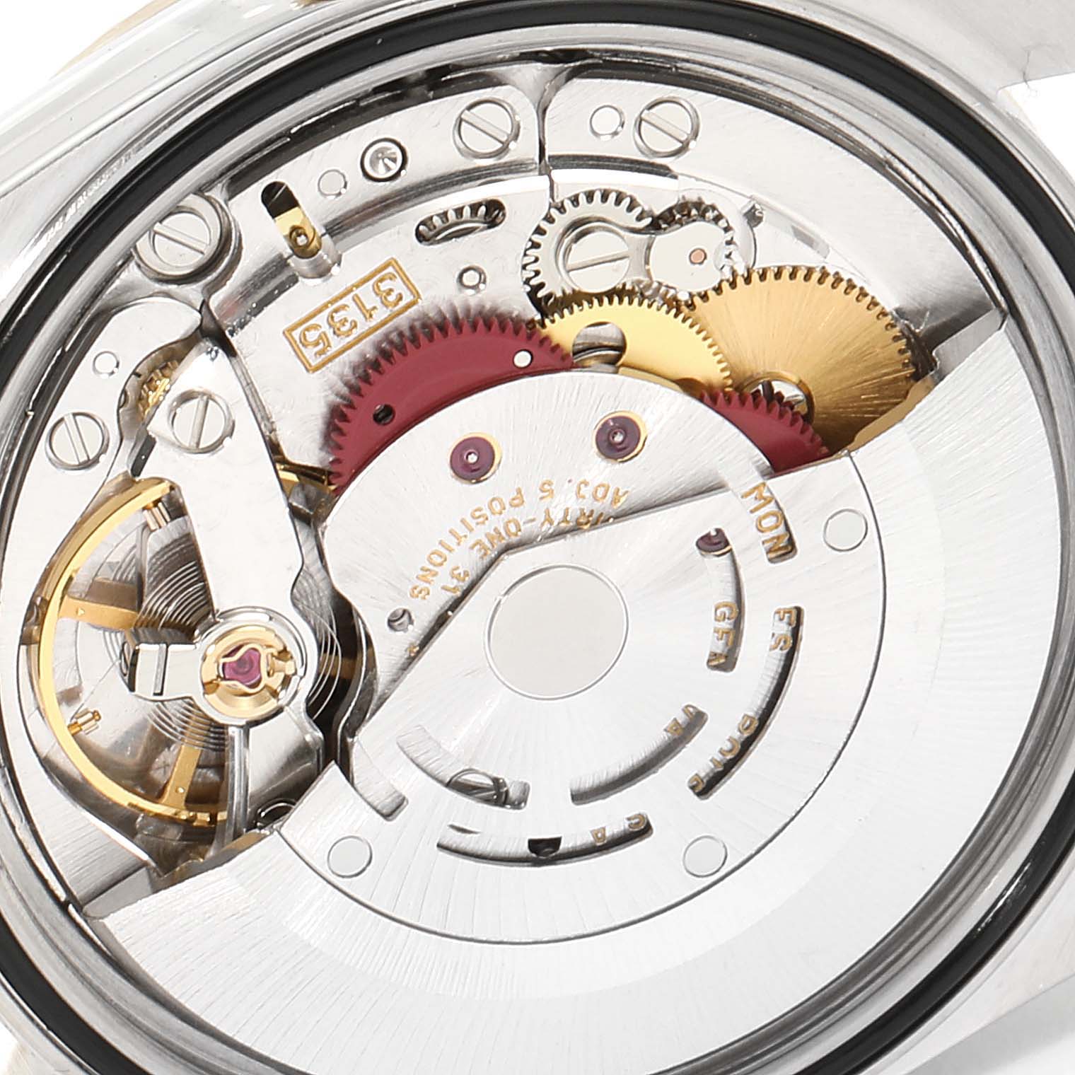 The image shows the internal mechanical movement of the Rolex Datejust 16233 Men's Steel and Gold (two tone) Mother of Pearl Dial 16233 Men's Steel and Gold (two tone) Mother of Pearl Dial watch viewed from the back.