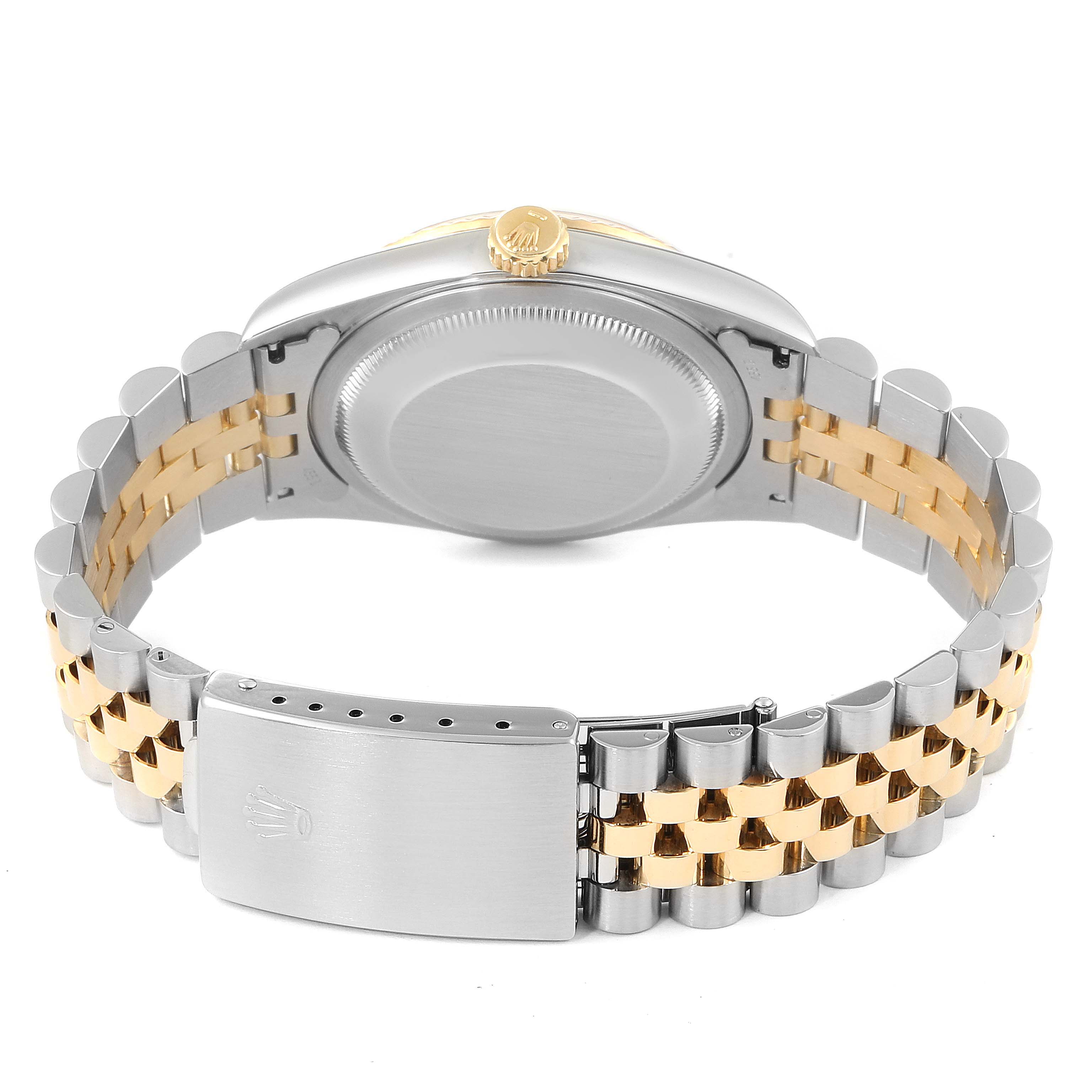 The image shows the back case, crown, and bi-metal bracelet of a Rolex Datejust 16233 Men's Steel and Gold (two tone) Mother of Pearl Dial 16233 Men's Steel and Gold (two tone) Mother of Pearl Dial watch.