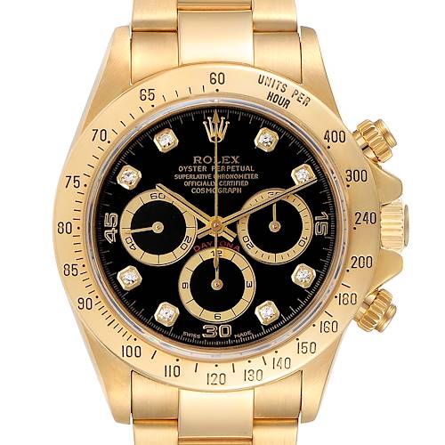 The image shows a front view of a Rolex Daytona 16528 Men's Yellow Gold Black Dial 16528 Men's Yellow Gold Black Dial watch, highlighting the dial, bezel, and chronograph subdials.