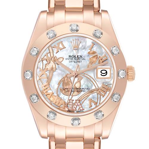 The image shows a frontal view of a Rolex Pearlmaster 81315 Women's Rose Gold Mother of Pearl Dial 81315 Women's Rose Gold Mother of Pearl Dial watch, highlighting the dial, bezel, and part of the bracelet.