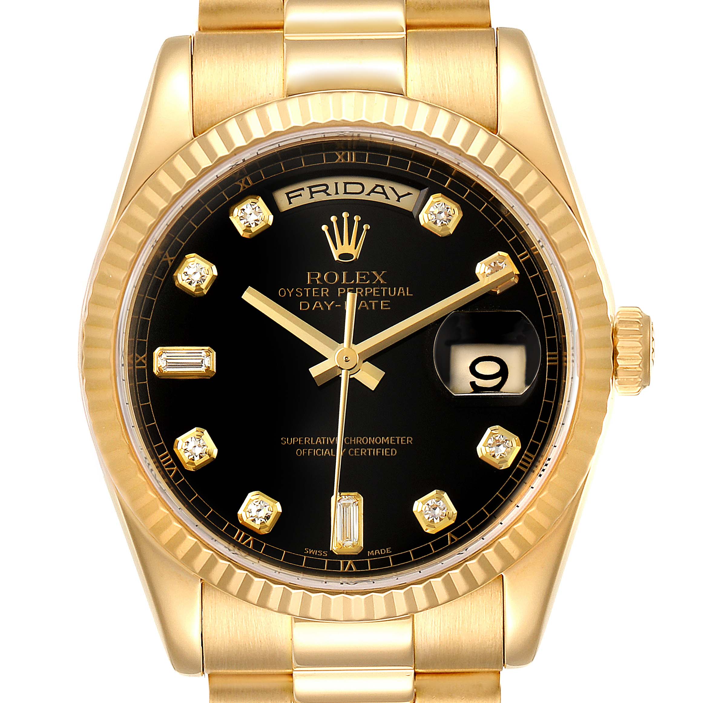 The image shows a front view of the Rolex President 118238 Men's Yellow Gold Black Dial 118238 Men's Yellow Gold Black Dial model, highlighting the black dial, day-date display, and diamond hour markers.