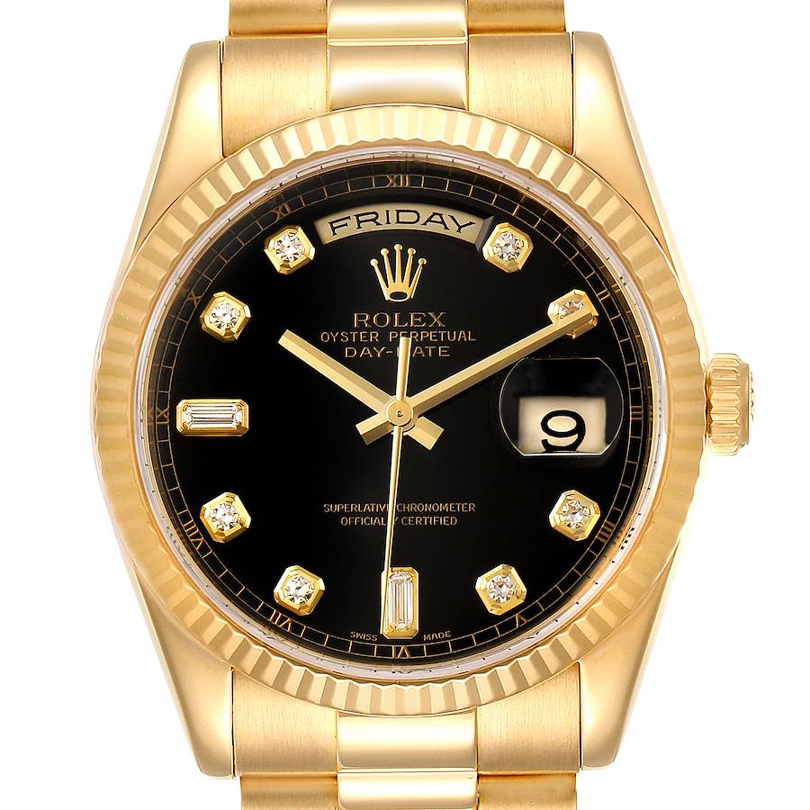 The image shows a front view of the Rolex President 118238 Men's Yellow Gold Black Dial 118238 Men's Yellow Gold Black Dial model, highlighting the black dial, day-date display, and diamond hour markers.