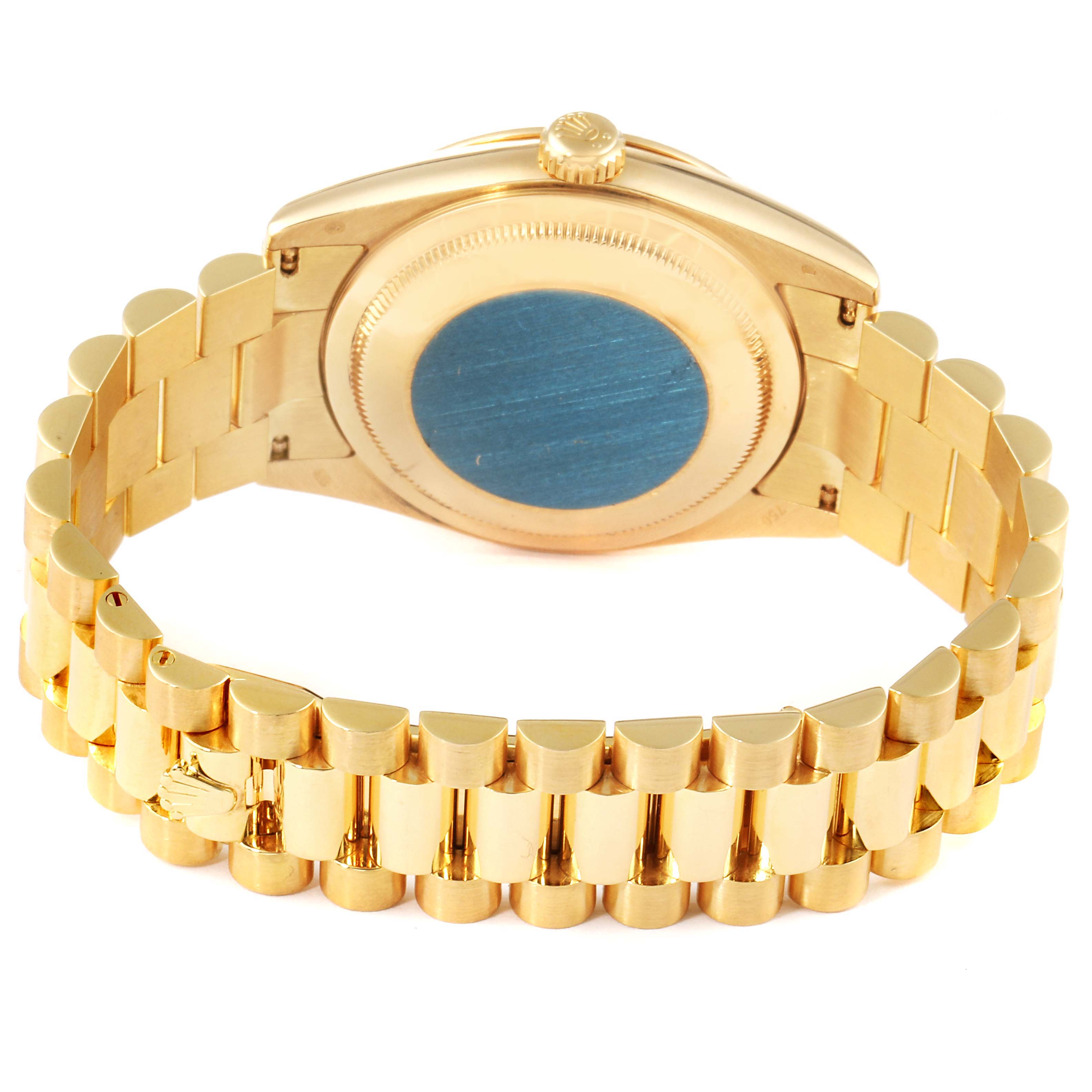 The image shows the backside of a Rolex President 118238 Men's Yellow Gold Black Dial 118238 Men's Yellow Gold Black Dial model watch, highlighting the bracelet and case back.