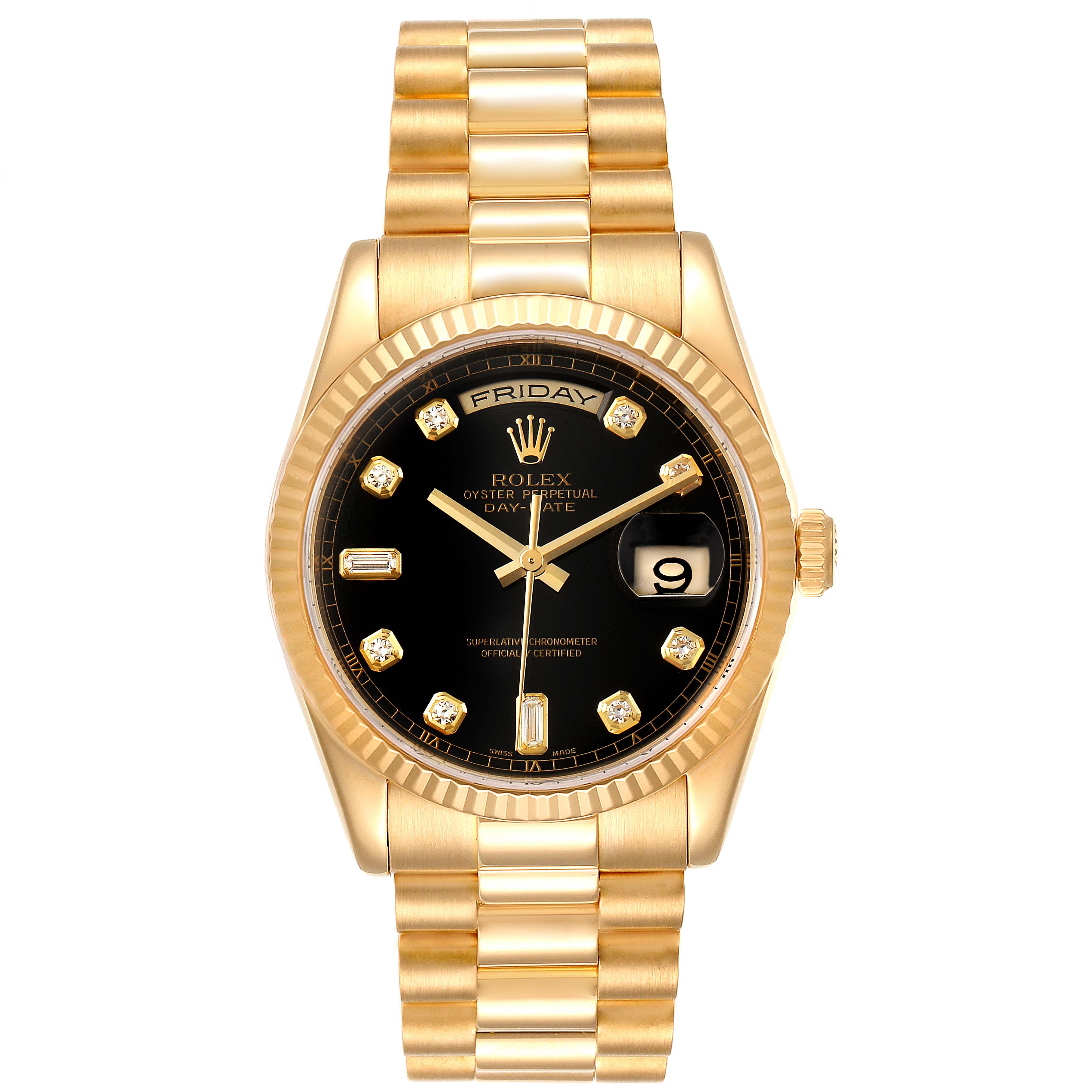 The image shows a front view of a Rolex President 118238 Men's Yellow Gold Black Dial 118238 Men's Yellow Gold Black Dial model watch, displaying the face, bezel, and bracelet.