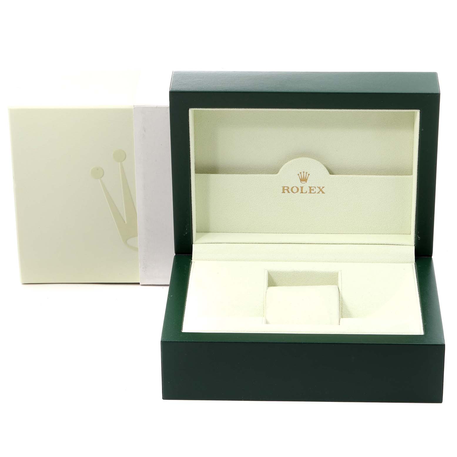 This is an open, empty Rolex President 118238 Men's Yellow Gold Black Dial 118238 Men's Yellow Gold Black Dial model watch box with a green exterior and cream interior.