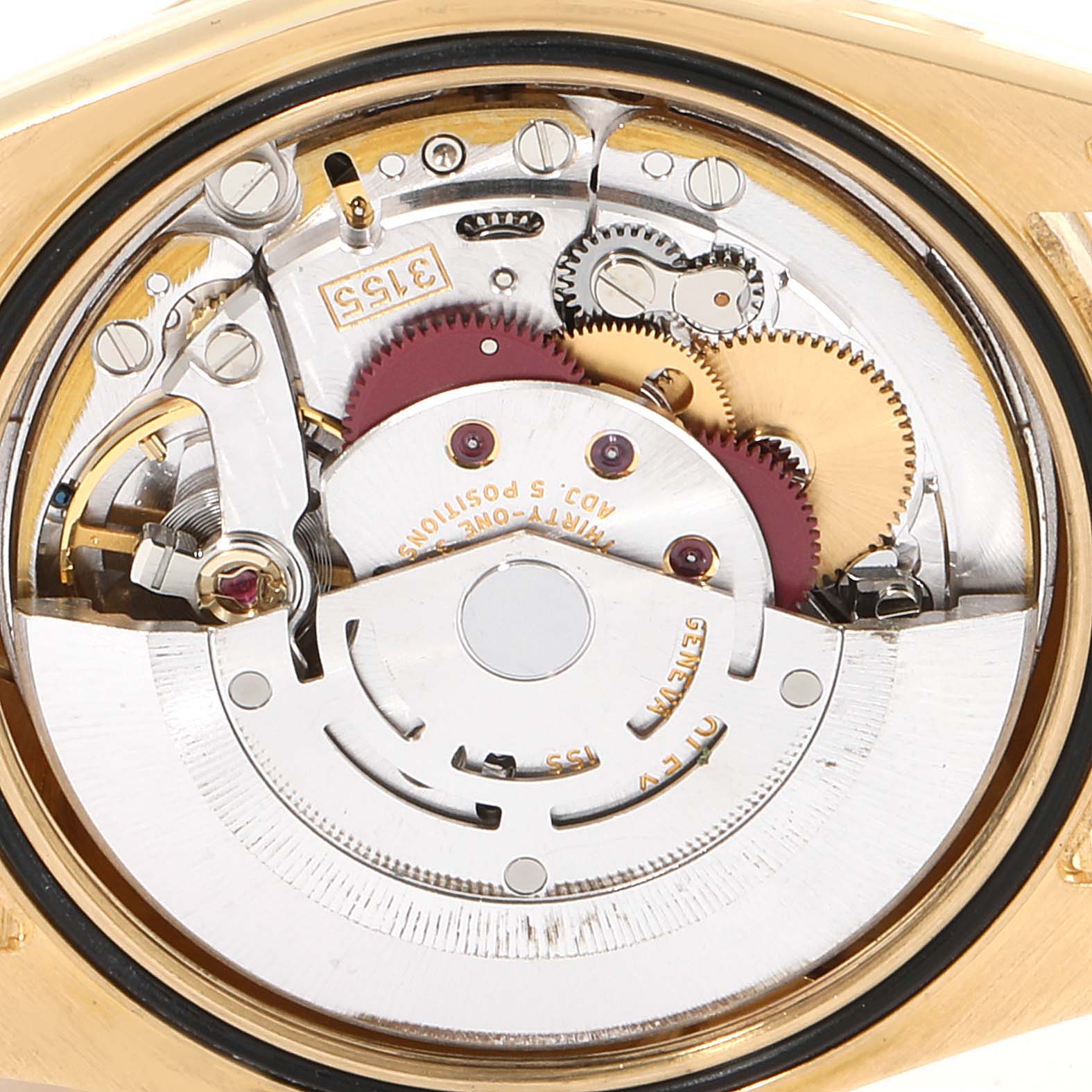 This image shows the internal mechanism of a Rolex President 118238 Men's Yellow Gold Black Dial 118238 Men's Yellow Gold Black Dial model watch at a close-up angle.