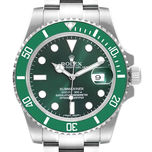 The image shows a front view of a Rolex Submariner 116610LV Men's Stainless Steel Green Dial 116610LV Men's Stainless Steel Green Dial watch, highlighting the green bezel, dial, and date window.