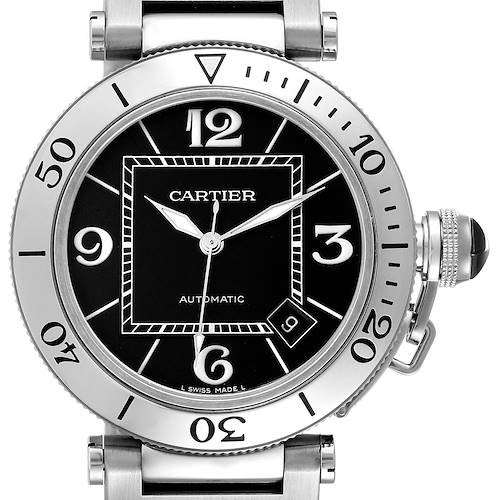 The image shows a front view of the Cartier Pasha W31077M7 Men's Stainless Steel Black Dial W31077M7 Men's Stainless Steel Black Dial watch, highlighting its bezel, face, and crown with the protective cap.