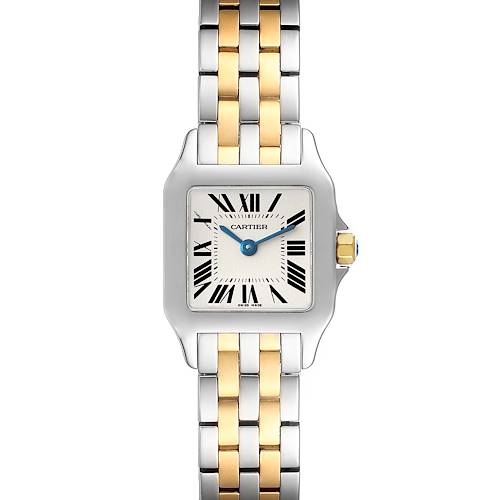 The Santos Demoiselle model by Cartier is shown from the front, displaying the face, dial, and part of the two-tone bracelet.