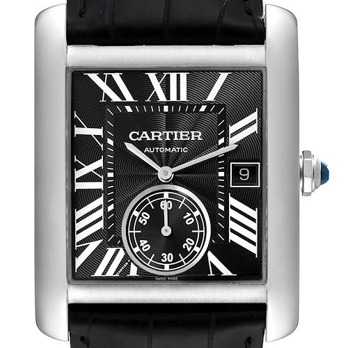 This image shows a front view of the Cartier Tank MC W5330004 Men's Stainless Steel Black Dial W5330004 Men's Stainless Steel Black Dial watch, displaying the dial, hands, date window, and crown.