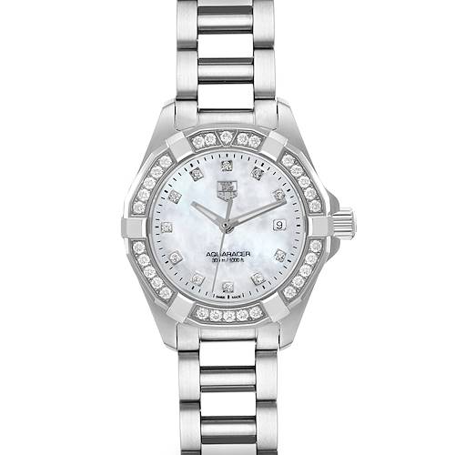 The image shows a front view of the Tag Heuer Aquaracer WAY1414.BA0920 Women's Stainless Steel Mother of Pearl Dial WAY1414.BA0920 Women's Stainless Steel Mother of Pearl Dial watch, highlighting its face, bezel, and part of the bracelet.