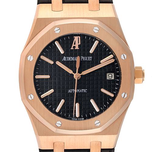 The image shows a close-up, front view of an Audemars Piguet Royal Oak 15300OR.OO.D002CR.01 Men's Rose Gold Black Dial 15300OR.OO.D002CR.01 Men's Rose Gold Black Dial watch, focusing on the dial, bezel, and crown.