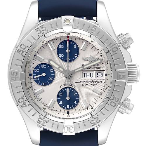 The image shows a frontal view of the Breitling Superocean A13340 Men's Stainless Steel Silver Dial A13340 Men's Stainless Steel Silver Dial model, highlighting its dial, chronograph subdials, and date display.