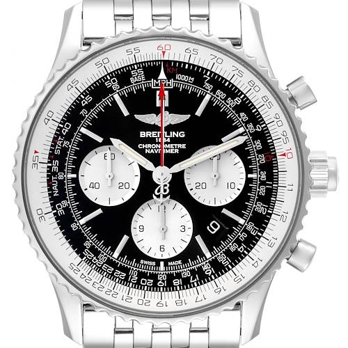 The Breitling Navitimer AB0310 Men's Stainless Steel Black Dial AB0310 Men's Stainless Steel Black Dial watch is shown from the front, highlighting the dial, bezel, and bracelet.