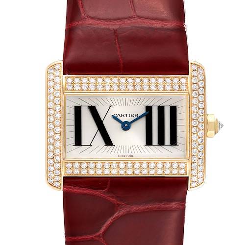 This image shows a front view of the Cartier Tank Divan WA301471 Women's Yellow Gold Silver Dial WA301471 Women's Yellow Gold Silver Dial watch with a red leather strap and diamond-encrusted bezel.