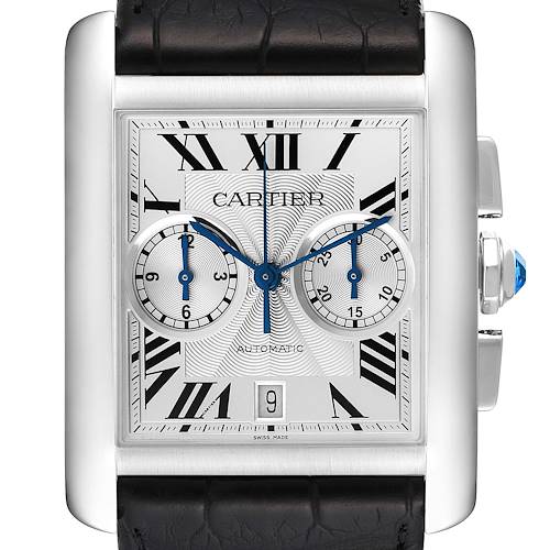 The image shows a front view of a Cartier Tank MC W5330007 Men's Stainless Steel Silver Dial W5330007 Men's Stainless Steel Silver Dial watch, detailing its face, crown with blue cabochon, and part of the black leather strap.