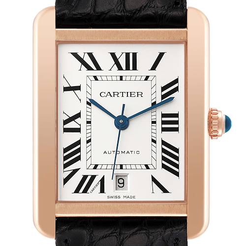 The image shows a front view of the Cartier Tank Solo W5200026 Men's Rose Gold Silver Dial W5200026 Men's Rose Gold Silver Dial watch, highlighting its rectangular face, Roman numerals, and date display.