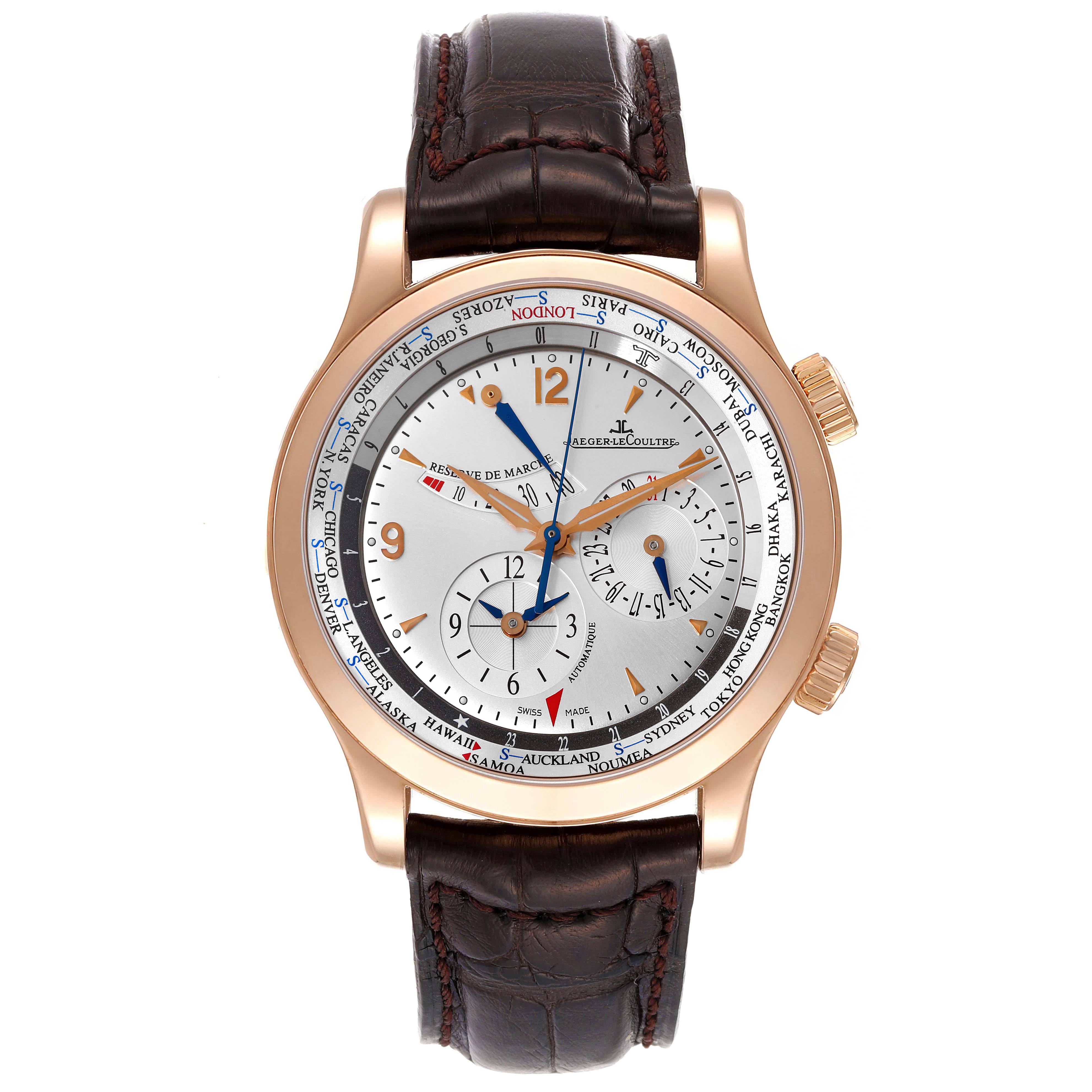 The image shows a front view of a Jaeger LeCoultre Master Q1522420 Men's Rose Gold Silver Dial Q1522420 Men's Rose Gold Silver Dial model watch with a brown leather strap and a round dial with multiple sub-dials.