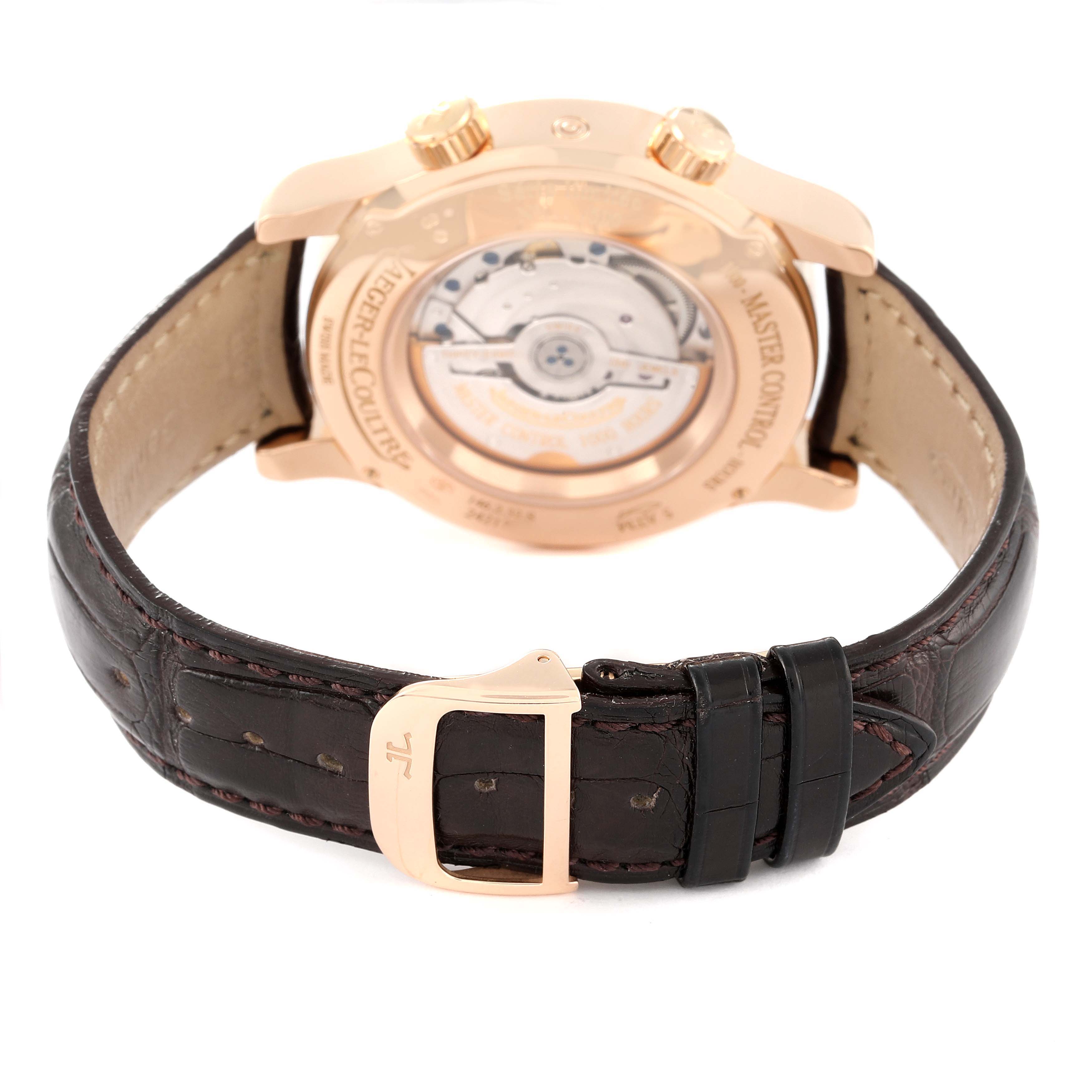 The image shows the back view of a Jaeger LeCoultre Master Q1522420 Men's Rose Gold Silver Dial Q1522420 Men's Rose Gold Silver Dial model watch with a visible rotor and leather strap.