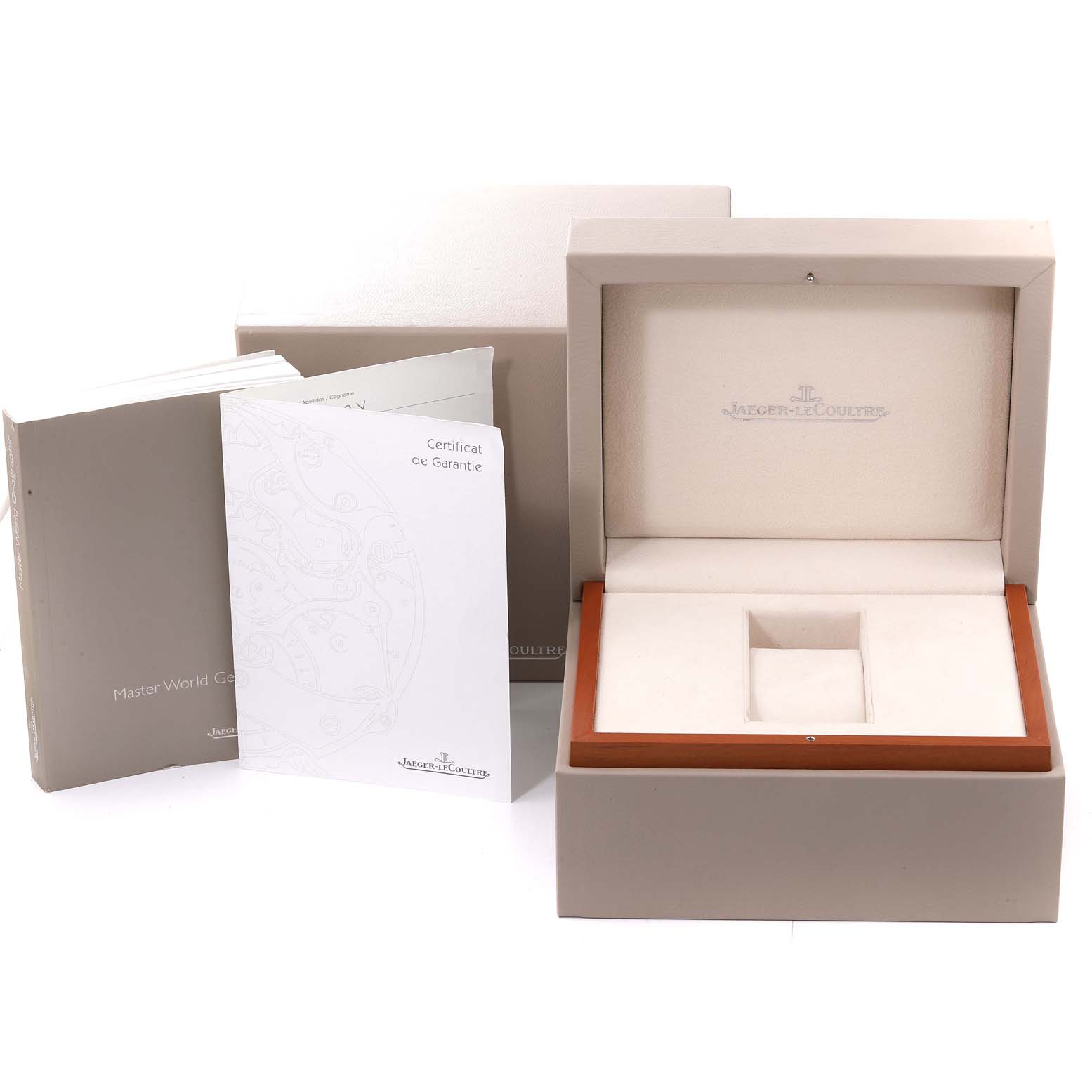 The image shows the packaging, warranty booklet, and storage box for a Jaeger-LeCoultre Master model watch.