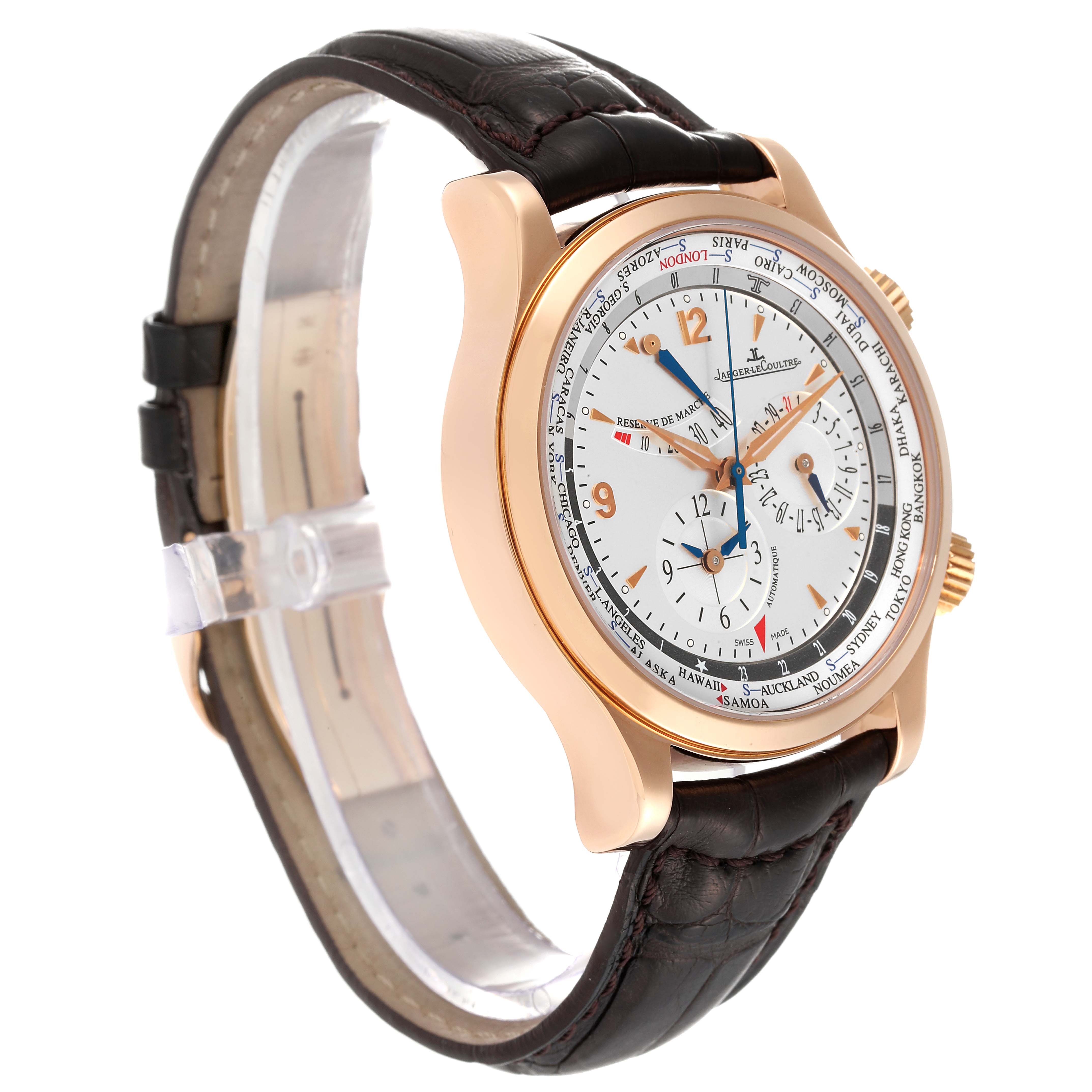 The image shows a side angle of the Jaeger LeCoultre Master Q1522420 Men's Rose Gold Silver Dial Q1522420 Men's Rose Gold Silver Dial model watch highlighting its face, crown, and leather strap.