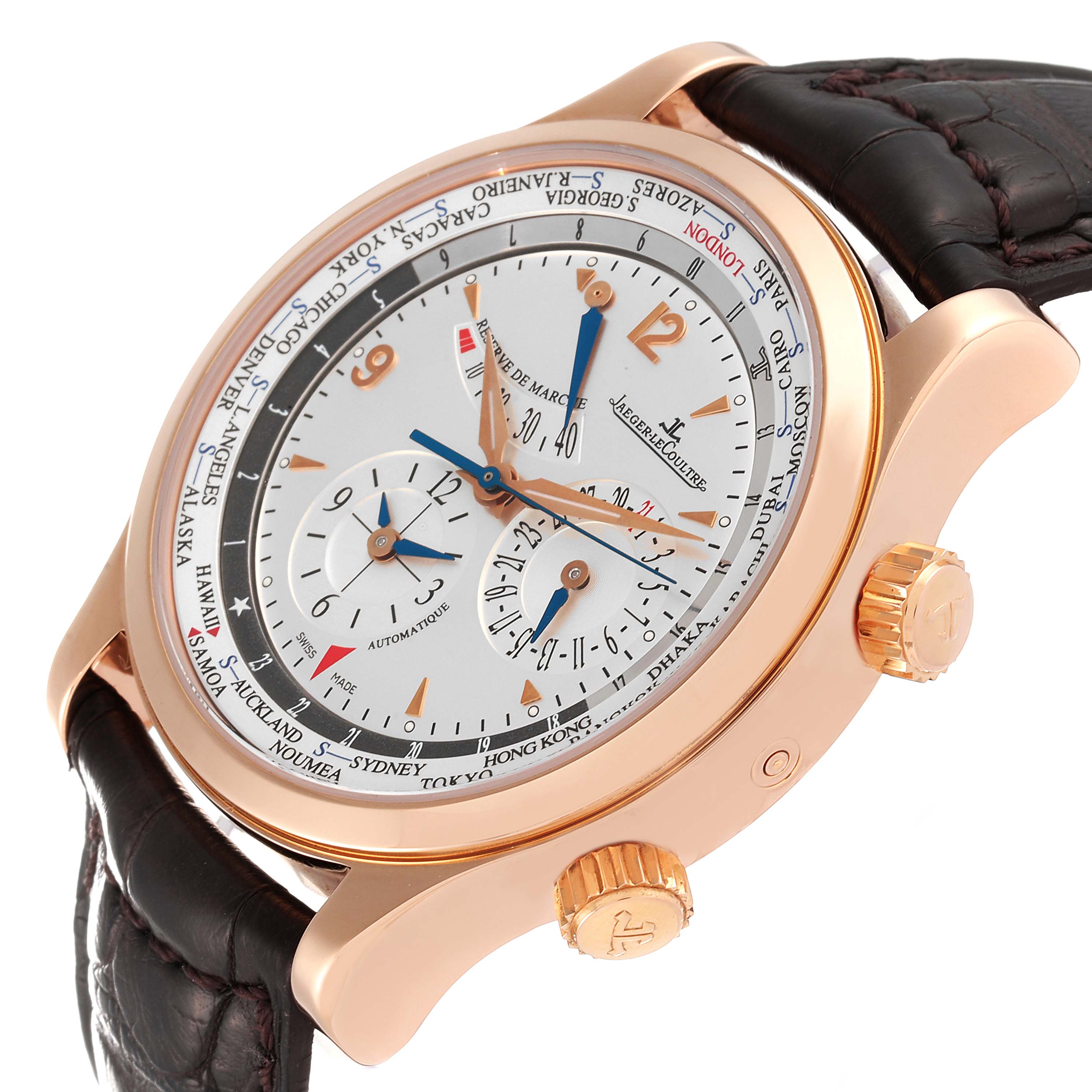 This image shows a Jaeger LeCoultre Master Q1522420 Men's Rose Gold Silver Dial Q1522420 Men's Rose Gold Silver Dial model watch at a three-quarter angle, highlighting the dial, casing, crown, and strap.