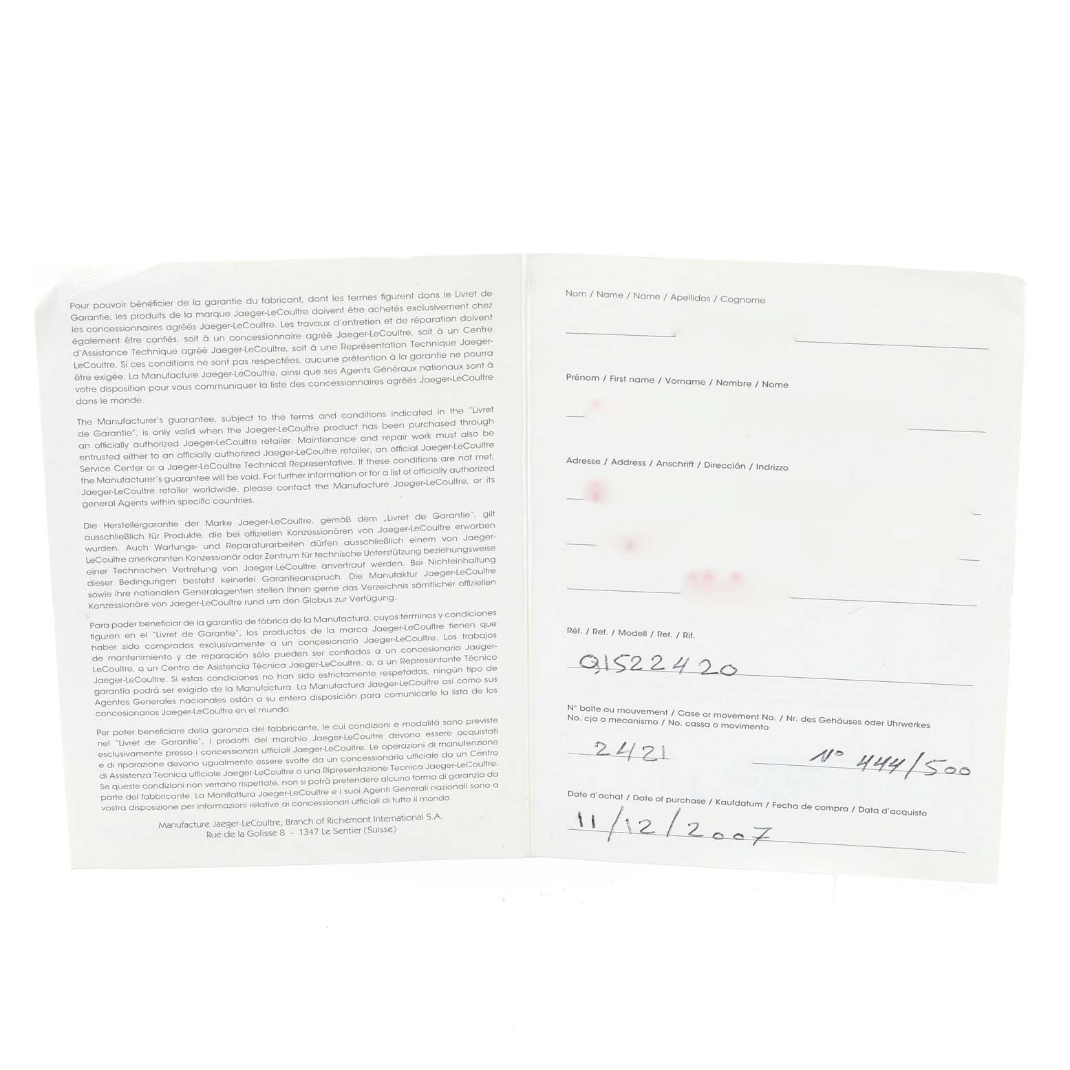 The image displays an open warranty booklet for a Jaeger LeCoultre Master Q1522420 Men's Rose Gold Silver Dial Q1522420 Men's Rose Gold Silver Dial model watch, showing its terms and details.