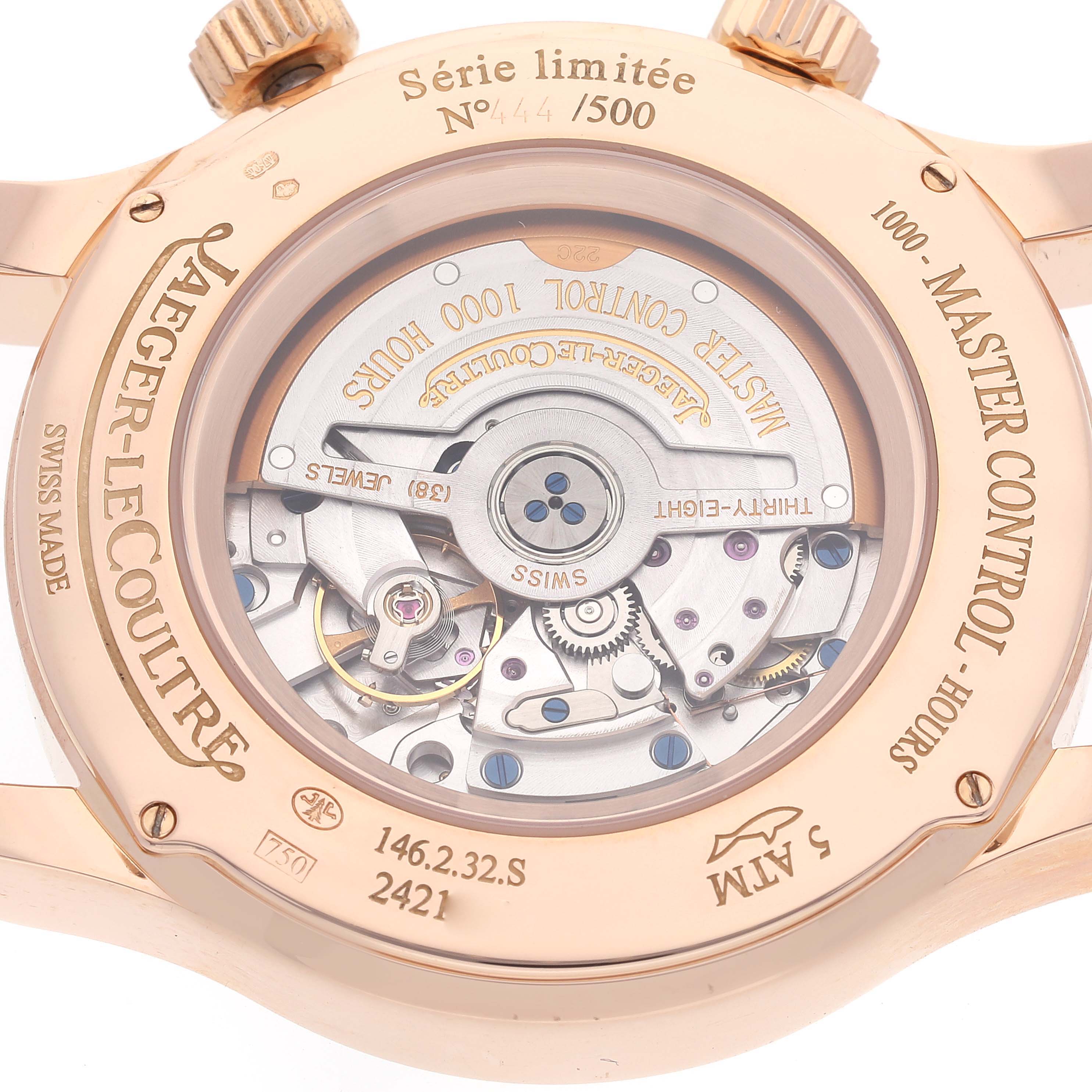 The image shows the back view of the Jaeger-LeCoultre Master Control watch, highlighting its inner mechanical parts.
