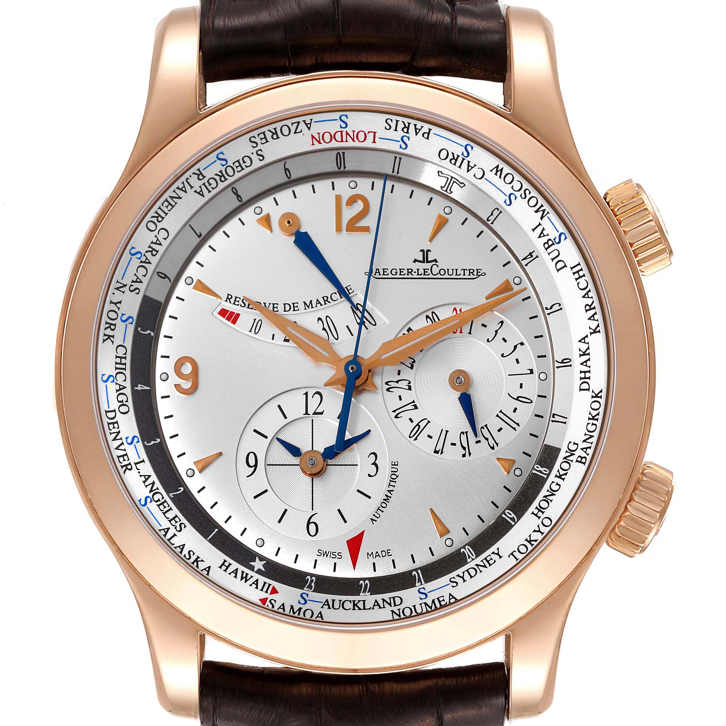 The image shows a Jaeger LeCoultre Master Q1522420 Men's Rose Gold Silver Dial Q1522420 Men's Rose Gold Silver Dial model watch, showcasing its dial with multiple time zones and sub-dials from a front angle.