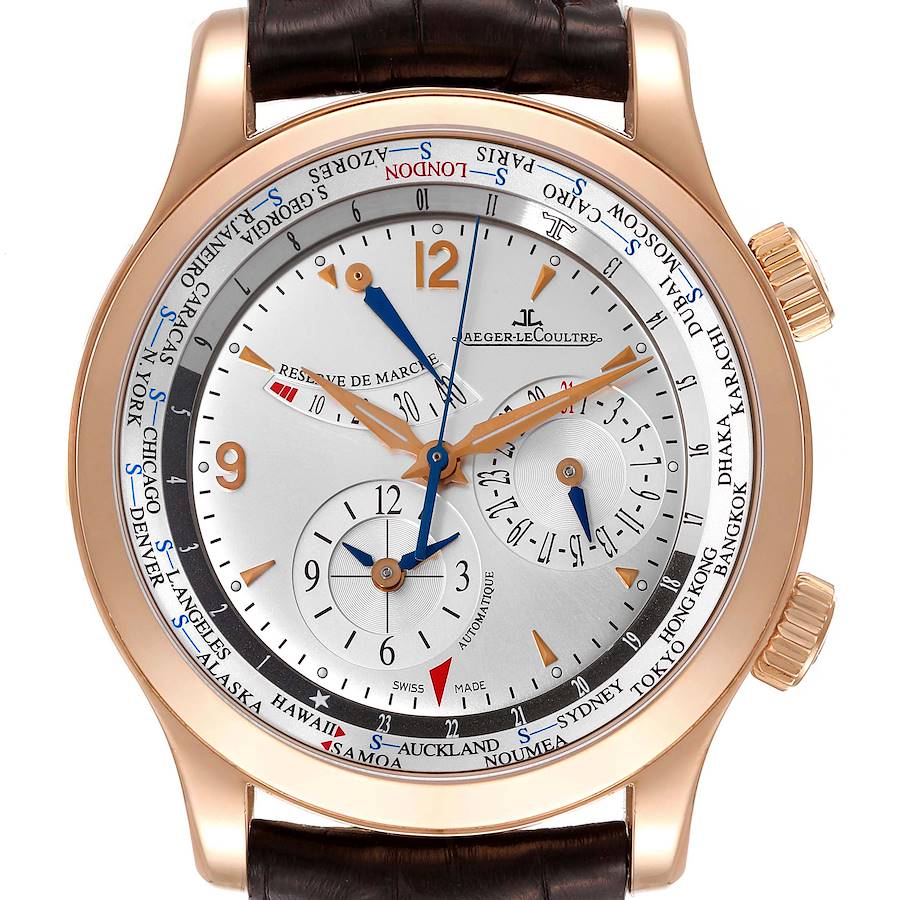 The image shows a Jaeger LeCoultre Master Q1522420 Men's Rose Gold Silver Dial Q1522420 Men's Rose Gold Silver Dial model watch, showcasing its dial with multiple time zones and sub-dials from a front angle.