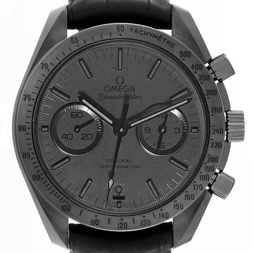 This image shows the face and bezel of an Omega Speedmaster 311.92.44.51.01.005 Men's Ceramic Black Dial 311.92.44.51.01.005 Men's Ceramic Black Dial watch, viewed directly from the front.