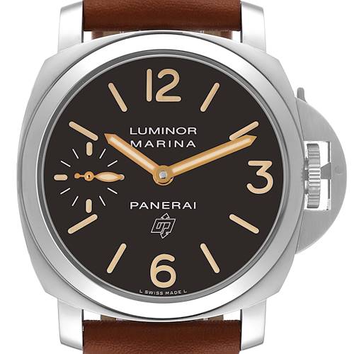 This is a close-up view of the Panerai Luminor PAM00632 Men's Stainless Steel Brown Dial PAM00632 Men's Stainless Steel Brown Dial Marina watch showing the watch face, crown guard, and part of the leather strap.