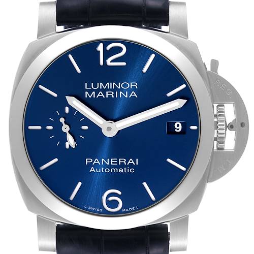 This is a front view of a Panerai Luminor PAM01270 Men's Stainless Steel Blue Dial PAM01270 Men's Stainless Steel Blue Dial Marina watch showing its blue dial, date window, and crown guard.