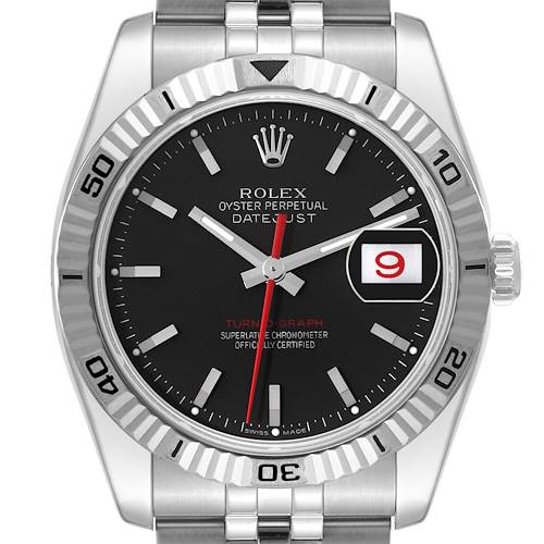 This Rolex Turn-o-Graph 116264 Men's Stainless Steel Black Dial 116264 Men's Stainless Steel Black Dial watch is shown from a straight-on angle, displaying the black dial, fluted bezel, date window, and part of the stainless steel bracelet.