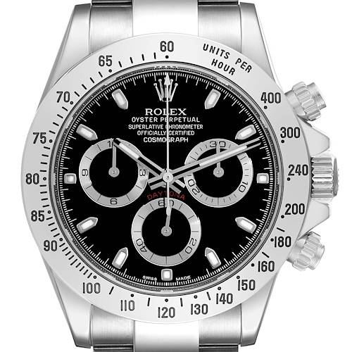 This image shows a front view of a Rolex Daytona 116520 Men's Stainless Steel Black Dial 116520 Men's Stainless Steel Black Dial watch, showcasing the dial, bezel, and chronograph sub-dials.