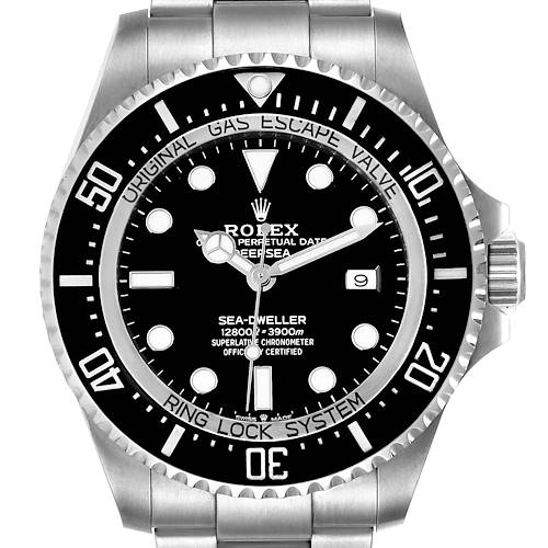 The image shows a front view of a Rolex Sea-Dweller 126660 Men's Stainless Steel Black Dial 126660 Men's Stainless Steel Black Dial watch, highlighting its dial, bezel, and steel bracelet.
