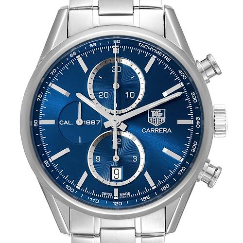 This image shows a Tag Heuer Carrera CAR2115 Men's Stainless Steel Blue Dial CAR2115 Men's Stainless Steel Blue Dial watch from the front, featuring a blue dial with chronographs and a stainless steel bracelet.