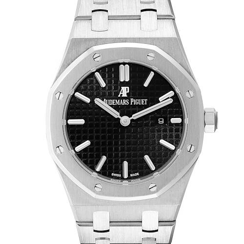 The image shows a front view of the Audemars Piguet Royal Oak 67650ST.OO.1261ST.01 Women's Stainless Steel Black Dial 67650ST.OO.1261ST.01 Women's Stainless Steel Black Dial watch, highlighting its black dial, octagonal bezel, and bracelet.