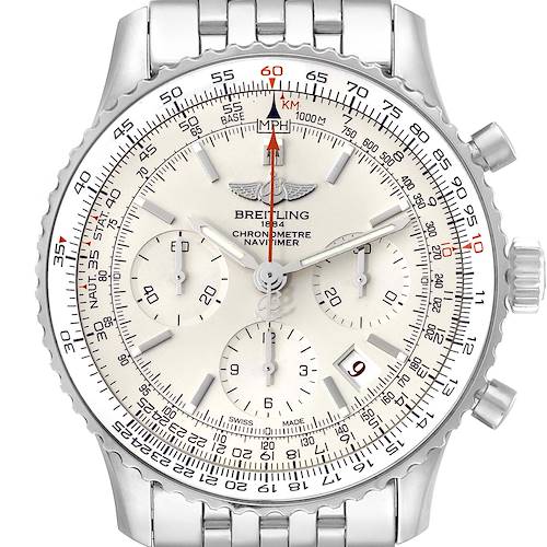 This image shows a close-up front view of a Breitling Navitimer AB0123 Men's Stainless Steel Silver Dial AB0123 Men's Stainless Steel Silver Dial watch, displaying its dial, bezel, and metal bracelet.