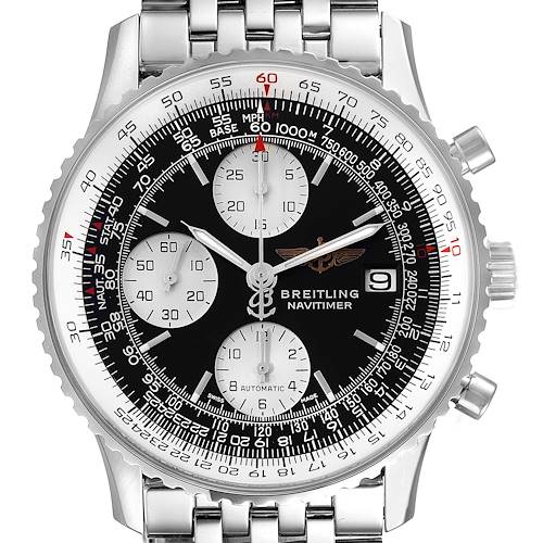 The image shows a frontal view of a Breitling Navitimer A13324 Men's Stainless Steel Black Dial A13324 Men's Stainless Steel Black Dial watch, highlighting its dial, subdials, bezel, and stainless steel bracelet.