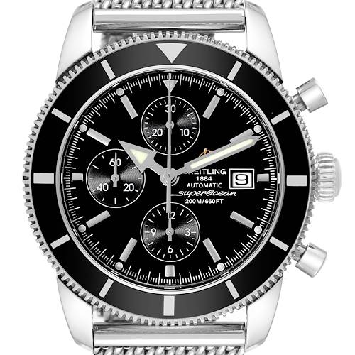This is a close-up front view of the Breitling Superocean A13320 Men's Stainless Steel Black Dial A13320 Men's Stainless Steel Black Dial watch, showing the dial, bezel, and part of the stainless steel strap.